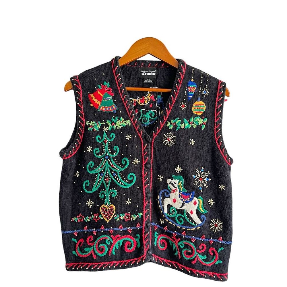 Vintage Designer Christmas Sweater Vest P/L Black Beaded Party